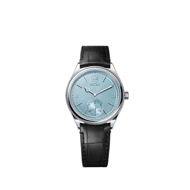 롤렉스 1908 시계 플래티넘 아이스블루 라이스-그레인 모티프 다이얼 블랙 가죽 스트랩 52506